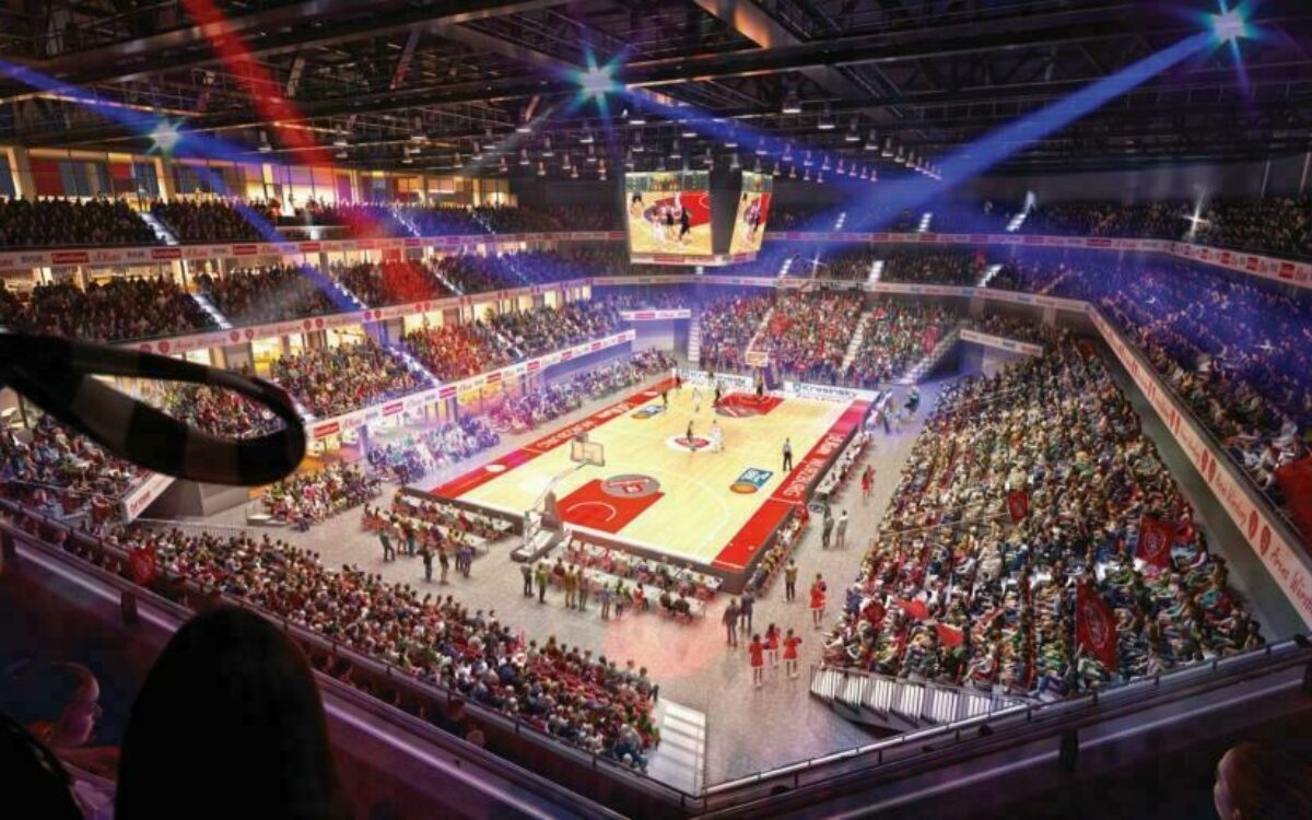 Eine Fotomontage der Multufunktionsarena bei einem Basketball-Spiel Eine Fotomontage der Multufunktionsarena bei einem Basketball-Spiel